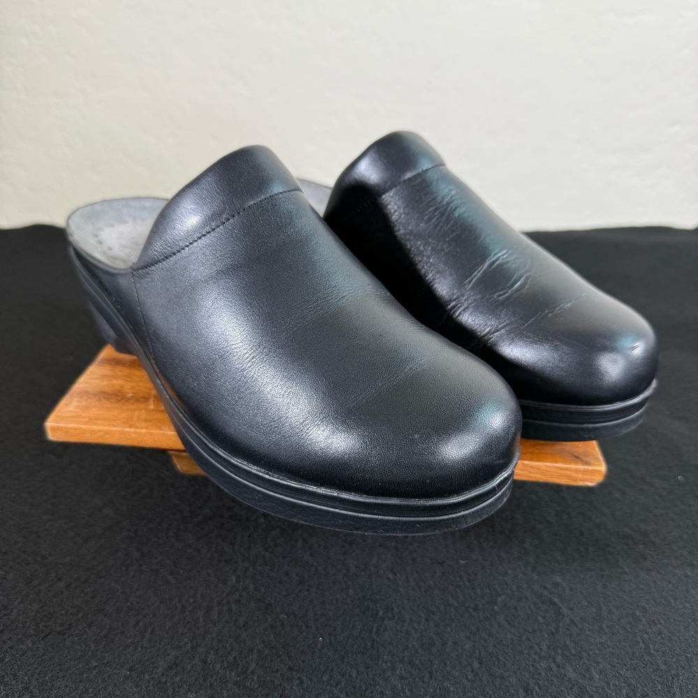 Mephisto Satty Clog Black Slip On Full Grain Leather Wedge Mules Size 41 - Picture 3 of 15